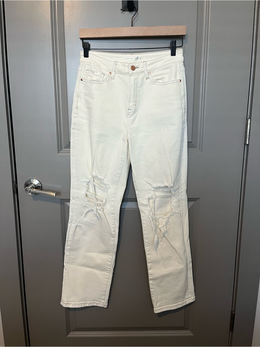 Cream Distressed Women’s Jeans - Classic High-Rise Fit
